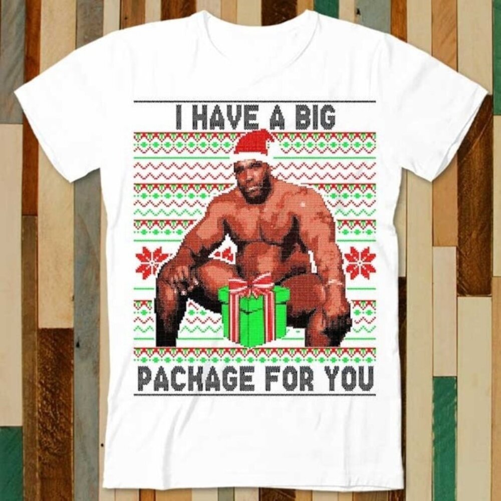 Barry Sitting On A Bed Ugly Christmas Funny Big Package Holiday Humor T-Shirt 05